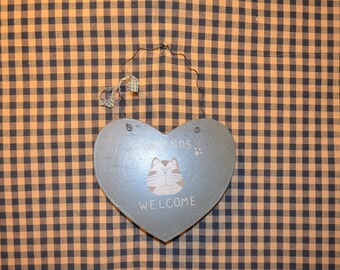 Painted wooden "Friends Welcome" Cat sign