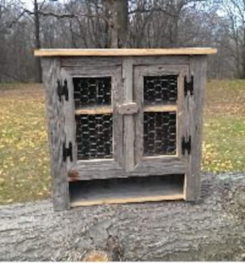 Amish Handmade Barnwood Chicken wire Primitive Rustic Decor Barn Wood Bathroom Medicine Cabinet 2 chickenwire doors and two shelves image 1