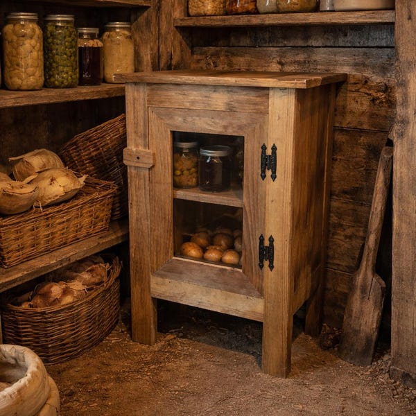 Stained Pine Cabinet with Screen, Chicken Wire, or Solid Front -  Primitive Décor with Shelf