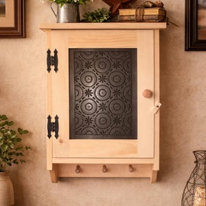 Rustic Wooden Wall Cabinet with Old Mill Style Punched Tin & 3 Hooks for Bathroom, Kitchen, Hallway or Bedroom