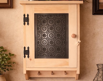 Rustic Wooden Wall Cabinet with Old Mill Style Punched Tin & 3 Hooks for Bathroom, Kitchen, Hallway or Bedroom