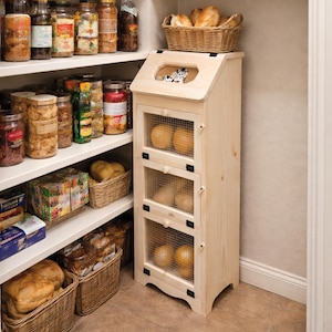 Amish Handcrafted Solid Pine Bread Box with 3 Door Vegetable Bin. Wood Knobs, Black Hardware, Brown Cow Insert