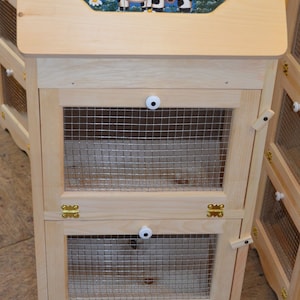 Amish Wares Unfinished Solid Pine Bread Box and 3 Door Vegetable Bin Handcrafted Choice of Cow Insert Blue, Brown, or Off White Backgrounds