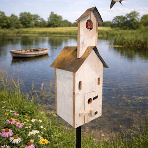 Old Time Barn wood Schoolhouse Birdhouse with Clean Out Door and Bell Bird House Colors Vary