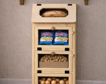 Unfinished Handcrafted Solid Pine Bread Box with 3 Door Vegetable Bin Kitchen Storage Cabinet Amish Made Veggie Bin For Small Spaces