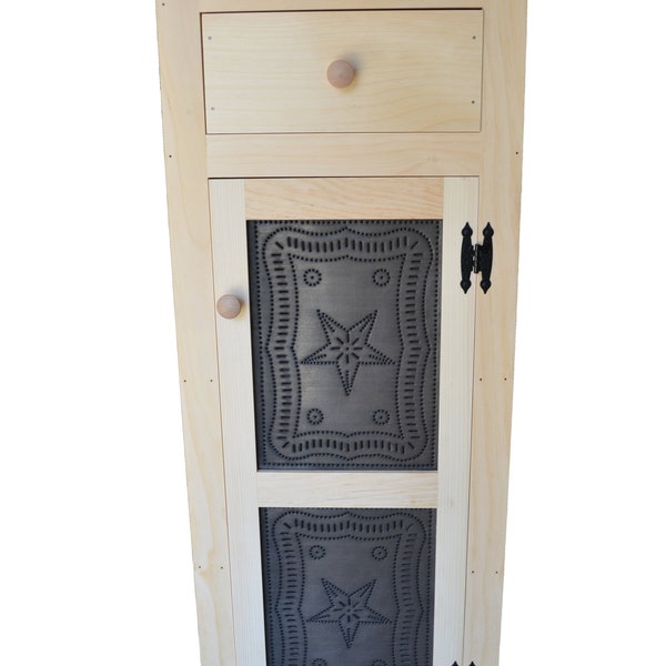 Star Punched Tin Pie Safe with Top Drawer Unfinished Solid Pine Wood Country Farmhouse Decor Single Door Cabinet for Kitchen Pantry