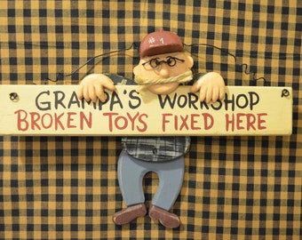 Grampa's Workshop Broken Toys Fixed Here Wooden 3D Wall Hanging Sign Grampa Gift Country Rustic Farmhouse Decor