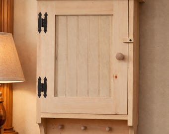 Unfinished Rustic Wooden Cabinet for Bathroom, Kitchen, Hallway - Farmhouse Wall Storage Cupboard W/ Peg hooks