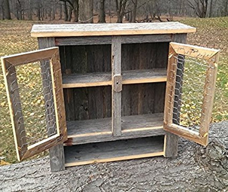 Amish Handmade Barnwood Chicken wire Primitive Rustic Decor Barn Wood Bathroom Medicine Cabinet 2 chickenwire doors and two shelves image 2