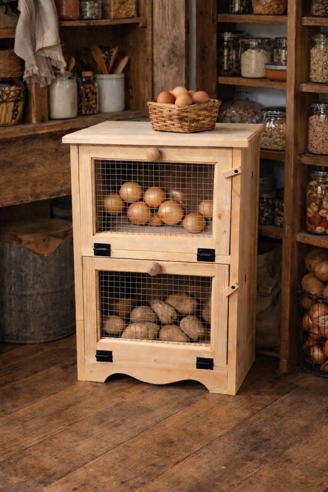 Amish Handcrafted Solid Pine 2 Door Vegetable Bin With Flat Top
