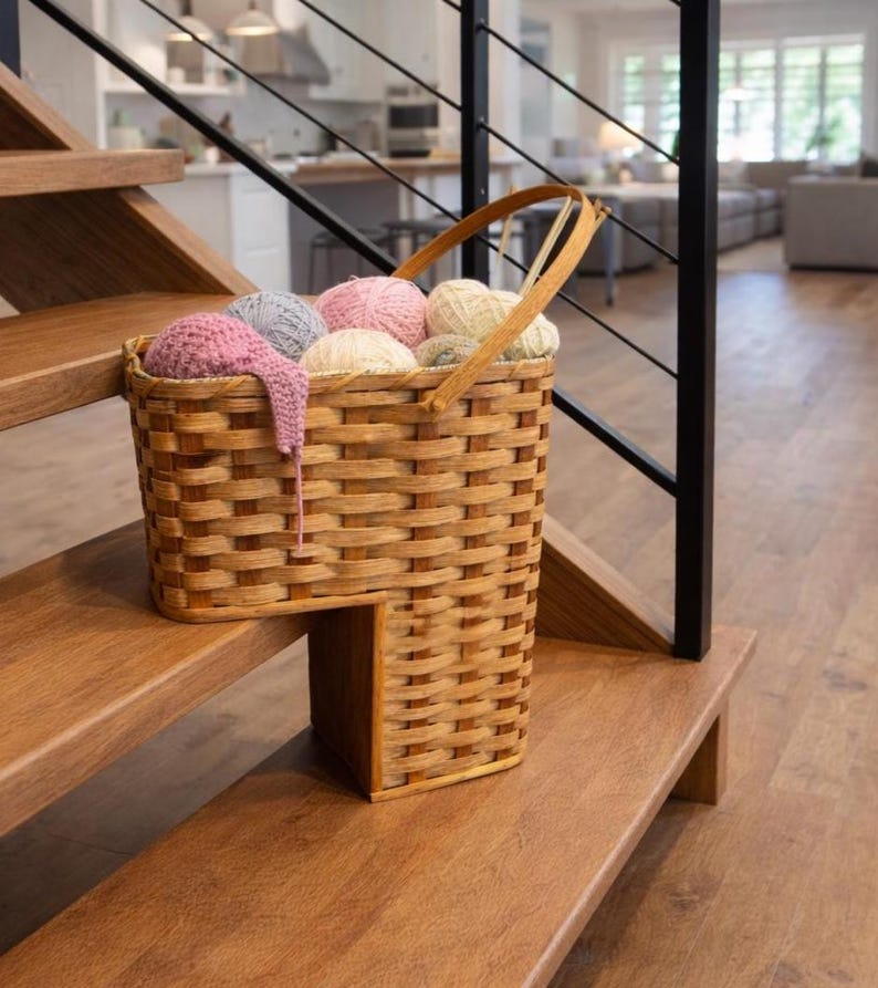 Stair Step Basket With Swivel Handle Nine Inch Woven Carrier American Handmade In Ohio Amish Wares 9" Step image 1