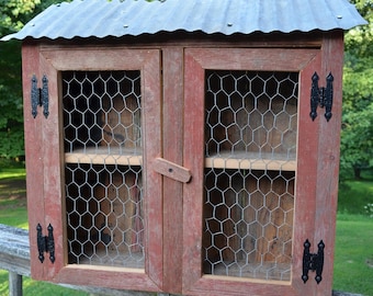 Chicken Coop Wall Storage Display Cabinet Made of Barn wood, Old Tin and Chicken Wire