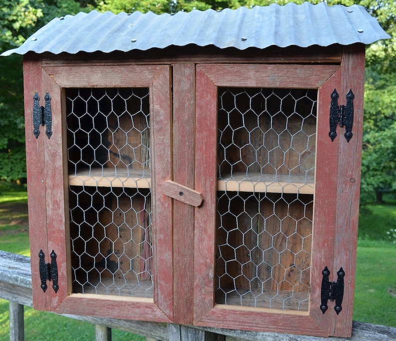 Chicken Coop Wall Storage Display Cabinet Made Of Barn Wood Old Tin And Chicken Wire