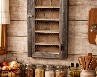 Rustic Barn Wood Spice & Bathroom Cabinet with a Beautiful Chicken Wire Door - Farmhouse Storage Solution