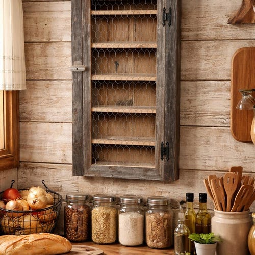 Rustic Barn Wood Spice & Bathroom Cabinet With a Beautiful Chicken
