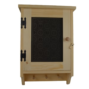Rustic Wooden Wall Cabinet with Old Mill Style Punched Tin & 3 Hooks for Bathroom, Kitchen, Hallway or Bedroom