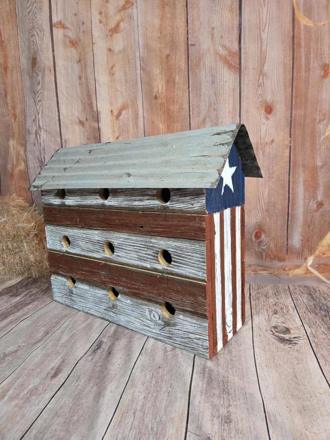 Large 9-hole Barn Bird Condo: Reclaimed Wood Birdhouse With Tin Roof ... - Large Bird Condos With Toys
