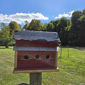 Rustic Amish 3-Hole Birdhouse: Handcrafted Barn Wood & Reclaimed Metal Roof - Unique Garden Décor Color will Vary Bird House Condo