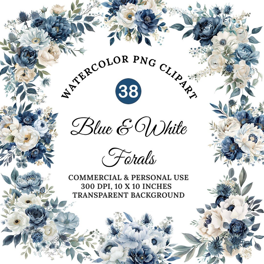 Blue and White Flower Clipart | Watercolor Floral Clipart Bouquets ...