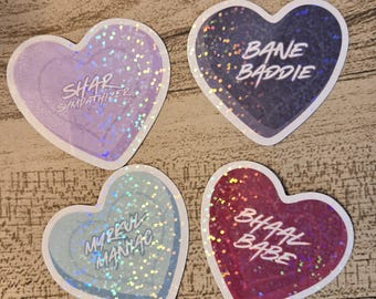 Baldurs Gate Evil Gods Candy Hearts! | dnd & bg3 stickers! bane baddie, myrkul manic, bhaal babe, shar sympathizer!