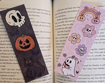 Vintage Halloween themed Bookmarks! | cute halloween vintage cat, skull, pumpkin, ghost, & flowers!