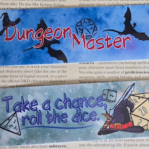 May include: A blue and white card with the text "Dungeon Master" and a black dragon illustration. The card also has a blue and white die with the number 5 on it. The card is on a book with the text "Take a chance, roll the dice." and an illustration of a black and white skull, a black and white hat, and a black and white sword.