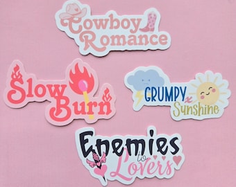 Romance Trope Stickers Set | Grumpy x Sunshine, Enemies to Lovers, Slow Burn, Cowboy Romance.
