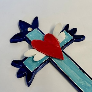 ceramic Cross with sacred heart w/ wings blue pottery cross for collectors Mexican Folkart