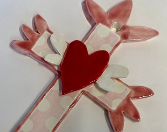 whimsical ceramic Cross - Pretty Pink polka-dots and a winged heart