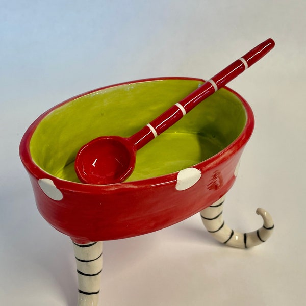 whimsical pottery Serving Bowl w/ stripe legs, polka-dots, bright red ceramic spoon