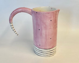 pretty PINK pottery Pitcher, black dots and whimsical stripes