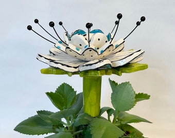 whimsical ceramic Garden Flower Stake, turquoise, black & white yard art