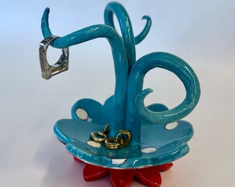 Whimsical ceramic Ring Tree, ring holder, ring dish, deep Turquoise & red,  polka-dots with curly hooks