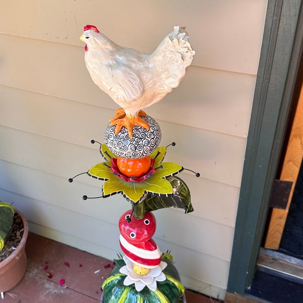 whimsical ceramic Chicken fun farm Garden Totem
