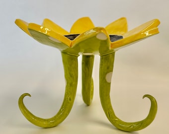 Black Eyed Susan ceramic FlowerDish -- sunny yellow / lime green with long curly legs, polka dots, and whimsy