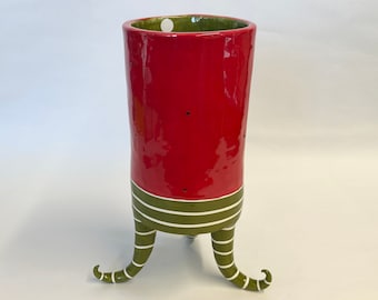 Whimsical ceramic Vase -- Bright RED & olive green pottery with curly feet