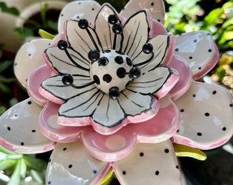 bright P!nk  polka-dot ceramic Garden Flower Stake -- colorful pottery yard art