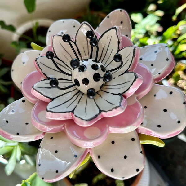 bright P!nk  polka-dot ceramic Garden Flower Stake -- colorful pottery yard art