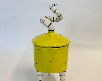 whimsical chartreuse Dream Jar with polka-dots, striped legs & crazy Fun twisted lid