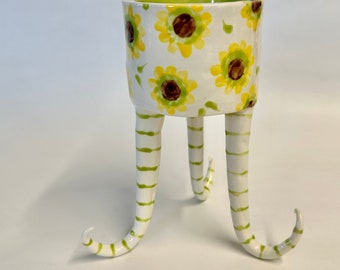 Whimsical Sunflower pottery Dish with Tall striped curly legs, Polka-Dots