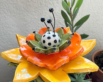 Retro ceramic Garden Flower Stake tangerine & avocado green -- bright colorful pottery yard art