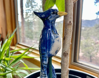 dark Blue Jay - ceramic Garden Stake  - yard art, deck pot