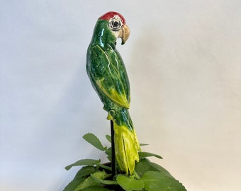 bright colorful Parrot Garden Stake / green macaw  - yard art & colorful Deck Pots