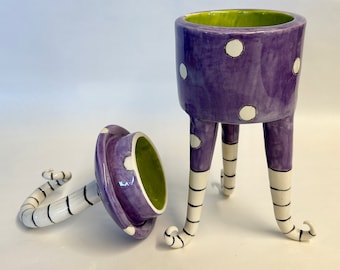 whimsical purple pottery Dream Jar with striped legs & CRAZY curly lid