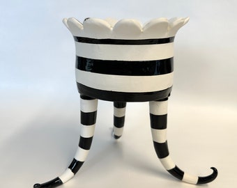 Killer Tall Wednesday Adams Black & White stripes w/ lace ceramic whimsical pottery