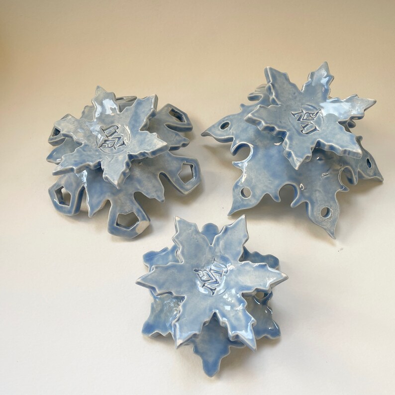 Ice Blue ceramic Snowflake candle holder, soap dish, jewelry dish, set of 3 image 7
