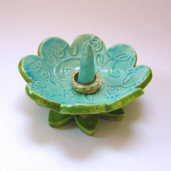 ceramic Ring Dish, light aqua turquoise embossed swirl with kiwi lime green polka-dot base for jewelry, wedding ring holder, engagement ring