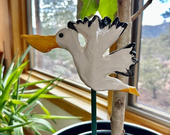 flying ceramic Pelican Garden Stake  - Zoey Birds yard art