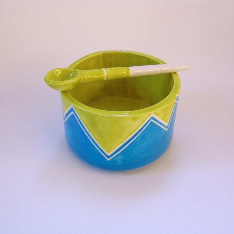 condiment dish Salt Dish chevron pattern whimsical pottery Sugar Bowl w handmade ceramic spoon red /& turquoise