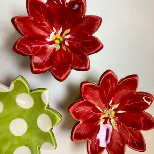 Poinsettia pottery Dish Set :) 3 whimsical Hostess Gift,  ceramic Christmas Flowers, candleholders, ring dish, soap dish
